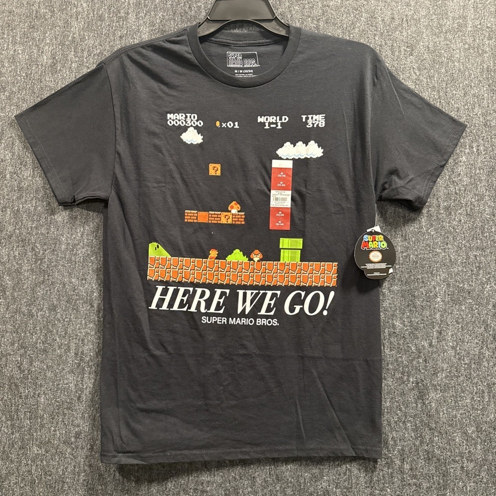 Super Mario Bros Men Sz M(32-34) Black Here We Go Graphic Nintendo World 1-1 Tee